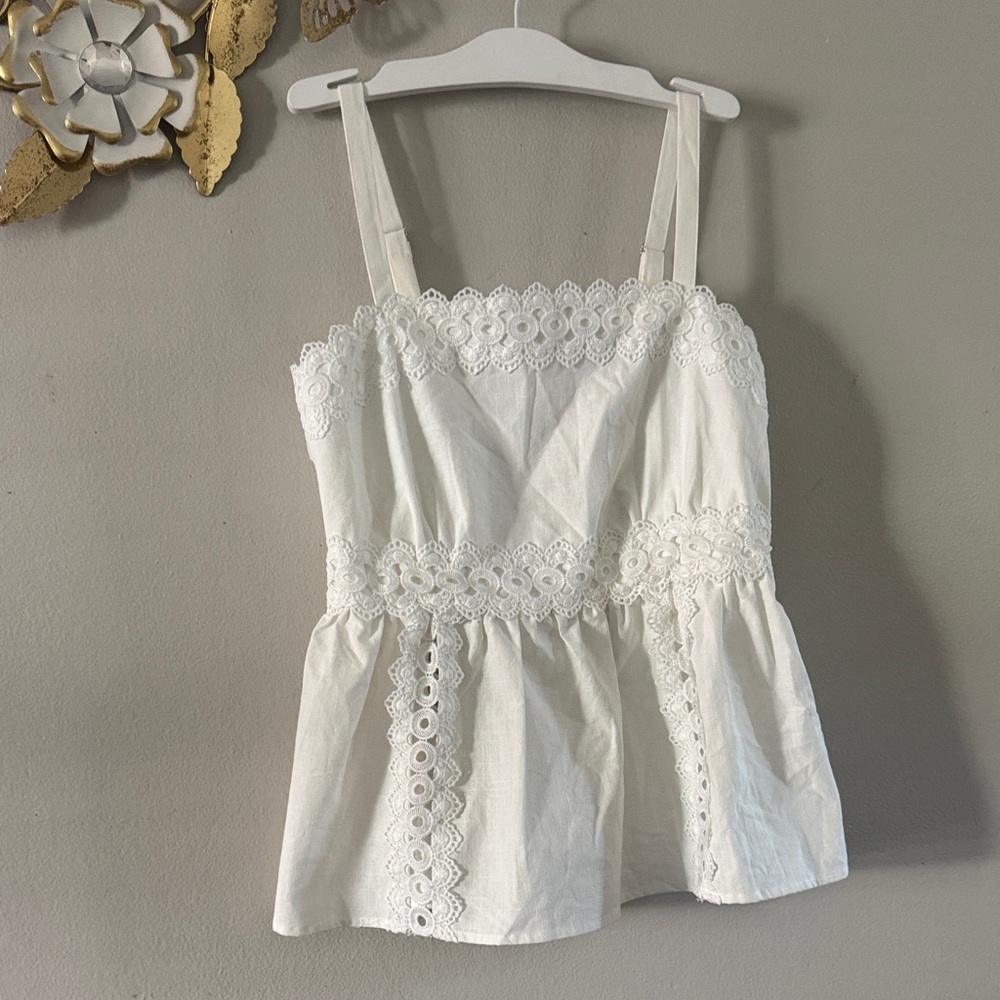 Cato White Lace-Trim Peplum Tank